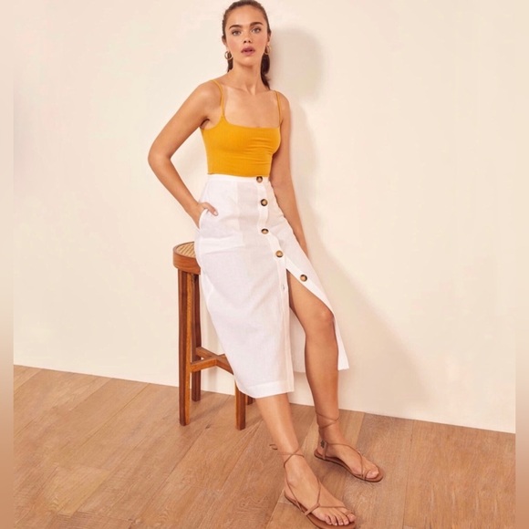 REFORMATION Highland Button Front Midi Linen Skirt In White Size 4 - Picture 3 of 13